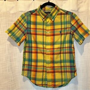 Ralph Lauren Youth Boys M 10/12 Short Sleeve Button Up Shirt Yellow Plaid Collar